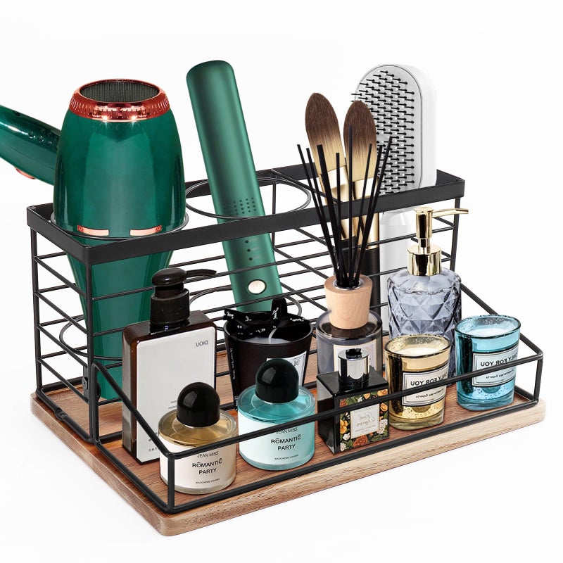 Siyzda Hair Tool Organizer  Movable Hair Dryer Holder  Hair Styling Tools Organizer Storage for Vanity  Black Bathroom Counter Organizer  Bathroom Trays for Hair Toiletry  Makeup (Wooden Base) - Image 1